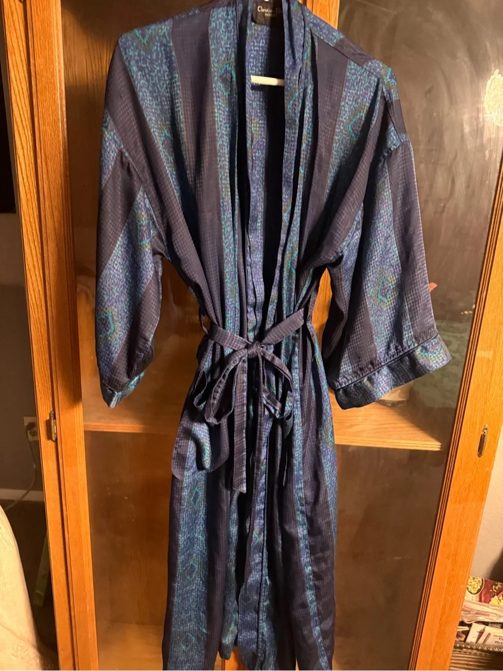 Christian Dior men’s robe one size navy green & blue peacock pattern geometric